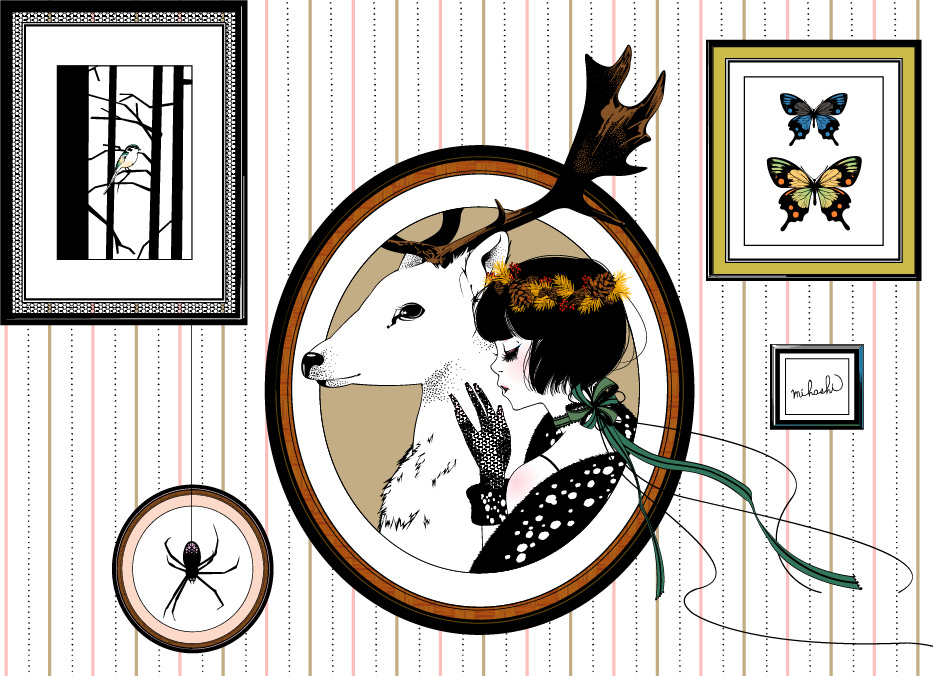 antler, black_hair, butterfly, choker, closed_eyes, deer, gloves, lace