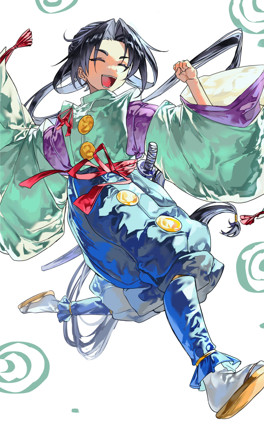 1boy, absurdres, black_hair, full_body, hakama, hakama_pants, highres, houjou_tokiyuki_(nige_jouzu_no_wakagimi), japanese_clothes, kariginu, long_hair, long_sleeves, male_focus, nige_jouzu_no_wakagimi, open_mouth, otoko_no_ko, pants, ponytail, prozetxxxxx, red_sash, sash, sidelocks_tied_back, simple_background, smile, very_long_hair, white_background, wide_sleeves