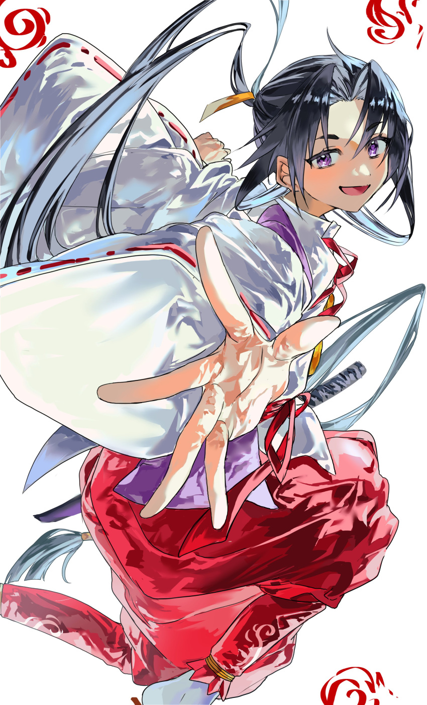 1boy, absurdres, black_hair, blush, full_body, hakama, hakama_pants, highres