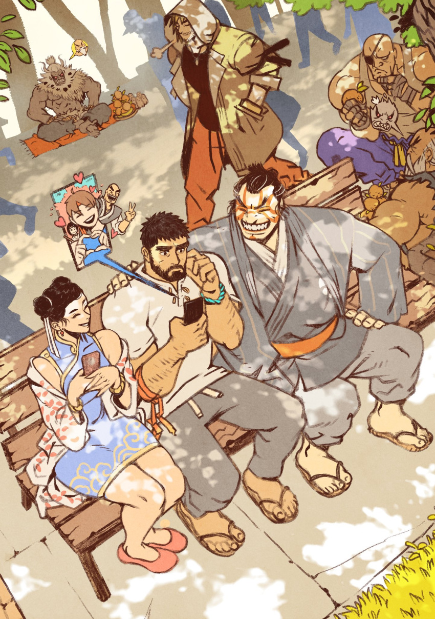 1girl, 6+boys, abs, akuma_(street_fighter), angry, arm_around_shoulder, arm_hair, beard