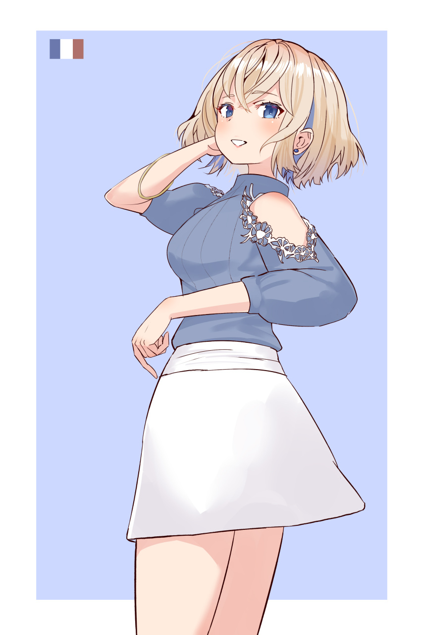 1girl, absurdres, blonde_hair, blue_background, blue_eyes, blue_hair, blue_sweater, breasts
