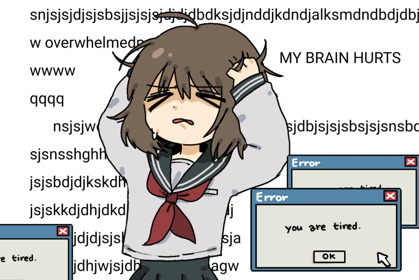 >_<, 1girl, angry, brown_hair, computer_screen, english_text, error_message, female