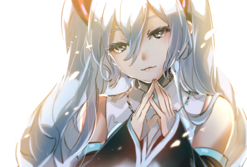 1girl, backlighting, bare_shoulders, closed_mouth, collared_shirt, detached_sleeves, eyelashes, hair_between_eyes, hatsune_miku, highres, long_hair, looking_at_viewer, own_hands_together, sansintei_auto, shirt, solo, twintails, upper_body, very_long_hair, vocaloid, white_background