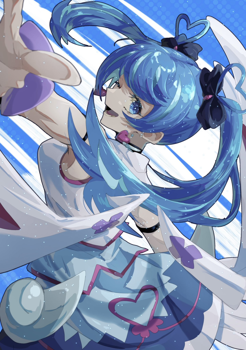 1girl, blue_angel_(yu-gi-oh!), blue_eyes, blue_hair, blue_skirt, breasts, earrings, from_behind, heart, heart_earrings, heart_hair, highres, jewelry, looking_at_viewer, medium_breasts, one_eye_closed, open_mouth, shirt, skirt, smile, solo, teeth, twintails, white_shirt, white_wings, wings, you_v_kihu, yu-gi-oh!, yu-gi-oh!_vrains