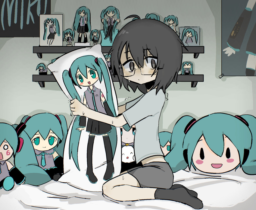 1girl, black_hair, body_pillow, collection, female, glasses, hatsune_miku, holding