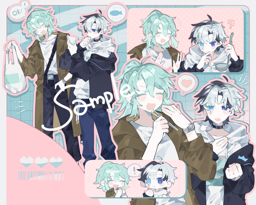 !, 2boys, ahoge, bag, black_collar, black_hair, black_pants, blue_pants, brown_coat, chopsticks, coat, collar, commentary_request, commission, english_text, fish, green_hair, hatsushiro_mamimu, heart, highres, holding, holding_bag, holding_chopsticks, holding_ladle, hood, hood_down, hoodie, ladle, long_sleeves, male_focus, multicolored_hair, multiple_boys, multiple_views, open_clothes, open_coat, original, pants, plastic_bag, sample_watermark, shirt, shopping_bag, skeb_commission, speech_bubble, spoken_animal, spoken_exclamation_mark, spoken_heart, standing, two-tone_hair, watch, watch, watermark, white_hair, white_hoodie, white_shirt