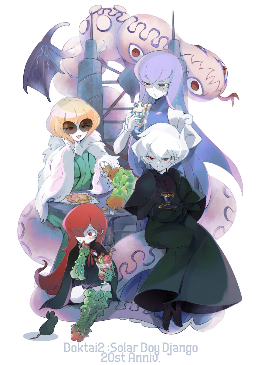 1boy, 3girls, absurdres, black_dainn, black_robe, blonde_hair, blue_dress, blue_dvalinn, bokura_no_taiyou, bug, colored_skin, cookie, cup, dress, eating, food, green_dress, h_jyo_ch, hair_over_one_eye, highres, holding, holding_cup, holding_food, jormungandr_(boktai), long_hair, medium_hair, multiple_girls, pointy_ears, purple_hair, red_durathror, red_eyes, redhead, robe, siblings, sisters, sleeveless, sleeveless_dress, sunglasses, white_background, white_duneyrr, white_hair, white_skin