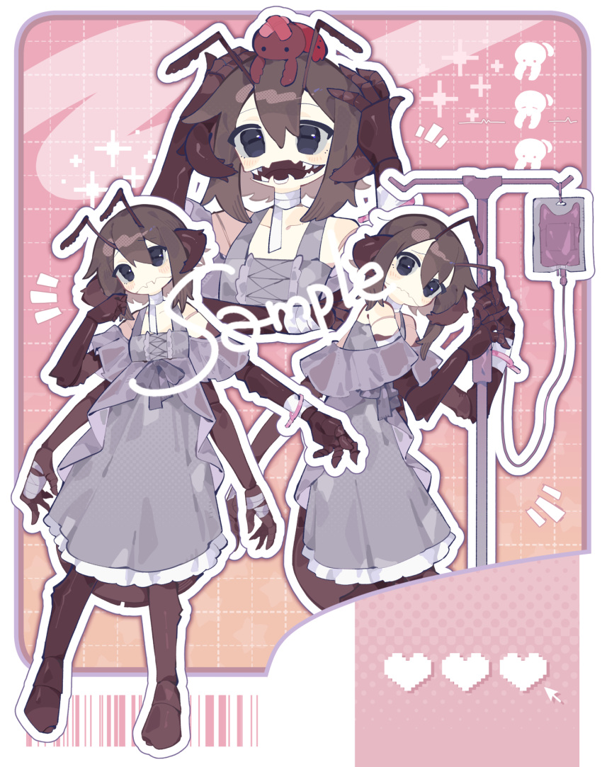 1girl, antennae, bandaged_neck, bandages, black_eyes, brown_hair, closed_mouth, commentary_request, commission, creature_on_head, dress, extra_arms, grey_dress, hair_between_eyes, hatsushiro_mamimu, heart, highres, iv_stand, looking_at_viewer, monster_girl, multiple_views, notice_lines, open_mouth, original, sample_watermark, sharp_teeth, skeb_commission, smile, standing, teeth, watermark