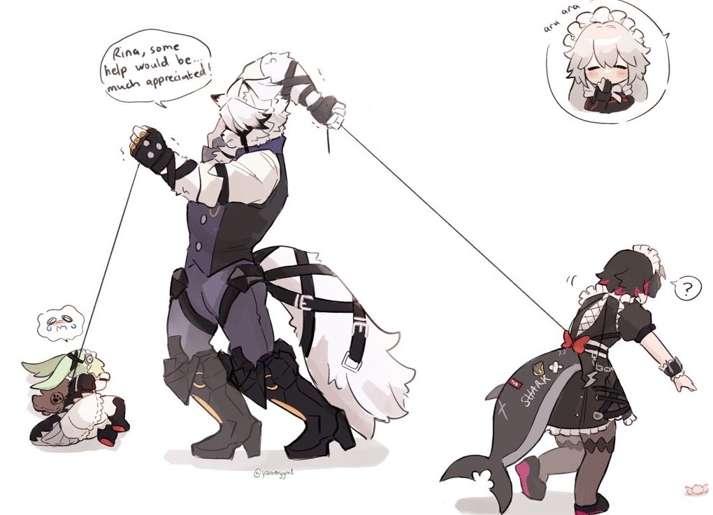 1boy, 3girls, ?, alexandrina_sebastiane, animal_ears, ara_ara, black_hair, bloomers