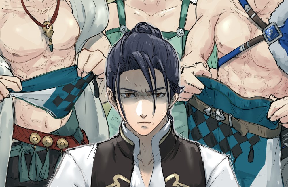 1girl, 3boys, abs, anger_vein, arms_up, belt, black_vest, blue_cape