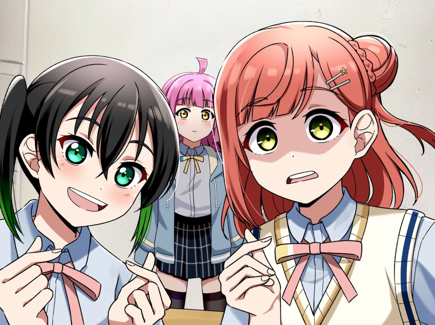 3girls, :d, :|, ahoge, black_hair, black_thighhighs, blue_jacket, blue_shirt