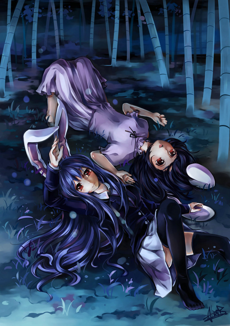 altoris_(scee), animal_ears, bamboo, bamboo_forest, black_hair, black_legwear, black_thighhighs, blazer, bunny_ears, dress, forest, inaba_tewi, long_hair, lying, multiple_girls, nature, night, on_back, pleated_skirt, purple_hair, rabbit_ears, red_eyes, reisen_udongein_inaba, rotational_symmetry, short_hair, skirt, thigh-highs, thighhighs, touhou, very_long_hair, zettai_ryouiki