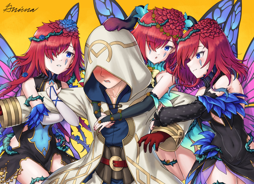 1other, 3girls, ambiguous_gender, animal_ears, arm_hug, bare_shoulders, blue_eyes, blue_shirt