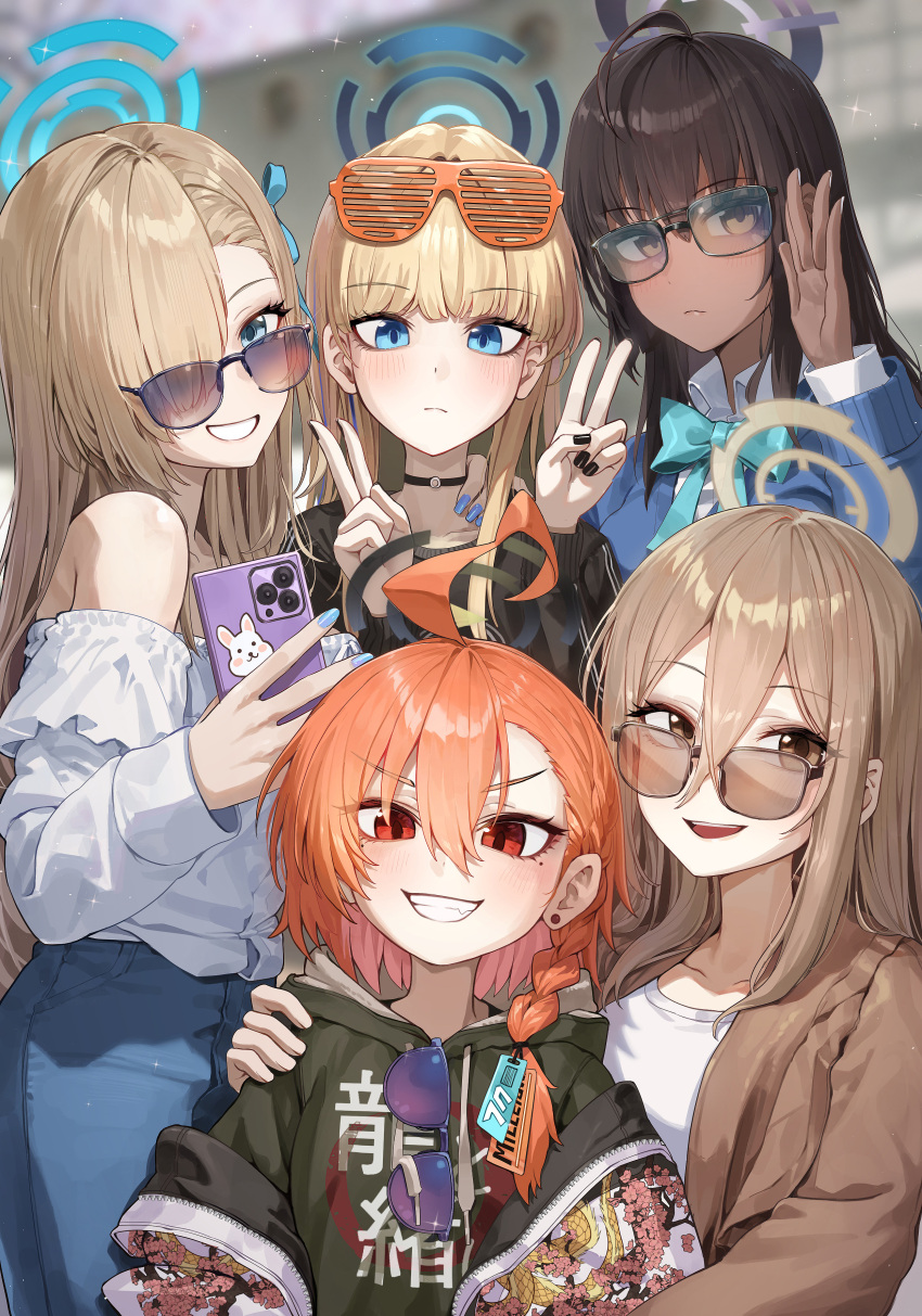 5girls, :d, absurdres, ahoge, akane_(blue_archive), alternate_costume, asuna_(blue_archive), bespectacled