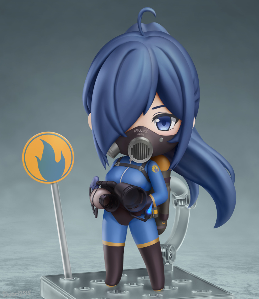 1girl, absurdres, ahoge, black_footwear, black_gloves, blu_pyro_(tf2), blue_bodysuit, blue_eyes