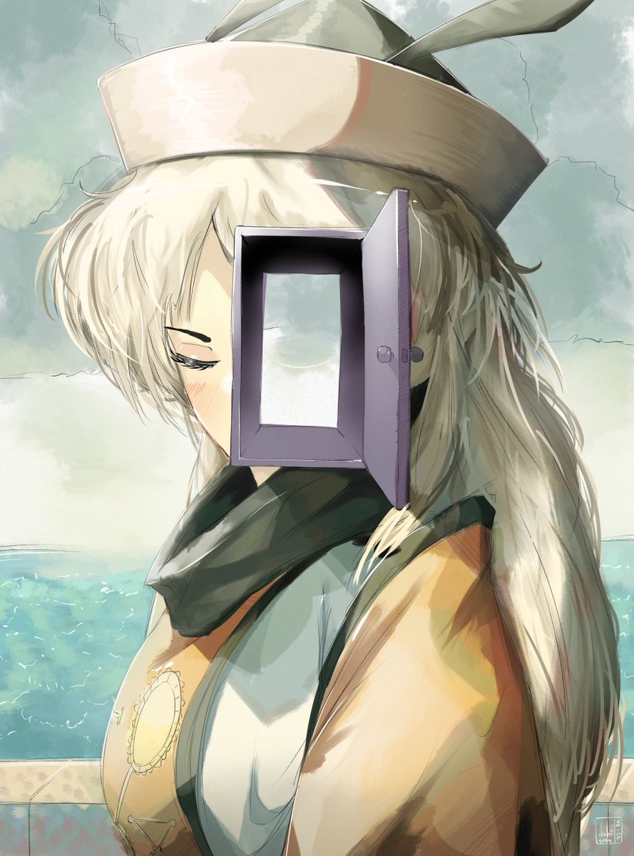 1girl, black_hat, blonde_hair, blush, closed_eyes, commentary, detached_sleeves, door
