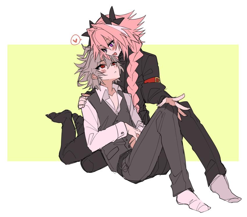 2boys, :<, androgynous, arm_belt, astolfo_(fate), belt, black_belt, black_bow, black_pantyhose, black_sweater, blush, bow, braid, buttons, dress_shirt, fang, fate/apocrypha, fate_(series), full_body, gold_buckle, grey_hair, grey_pants, grey_vest, hair_between_eyes, hair_bow, hair_intakes, hand_on_another's_back, hand_on_another's_knee, haoro, heart, long_braid, long_hair, looking_at_another, male_focus, multicolored_hair, multiple_boys, open_mouth, pants, pantyhose, partially_unbuttoned, pink_hair, red_belt, red_eyes, shirt, sieg_(fate), single_braid, sitting, skin_fang, smile, socks, solo, spoken_heart, streaked_hair, sweater, two-tone_hair, vest, violet_eyes, white_background, white_hair, white_shirt, white_socks, wing_collar