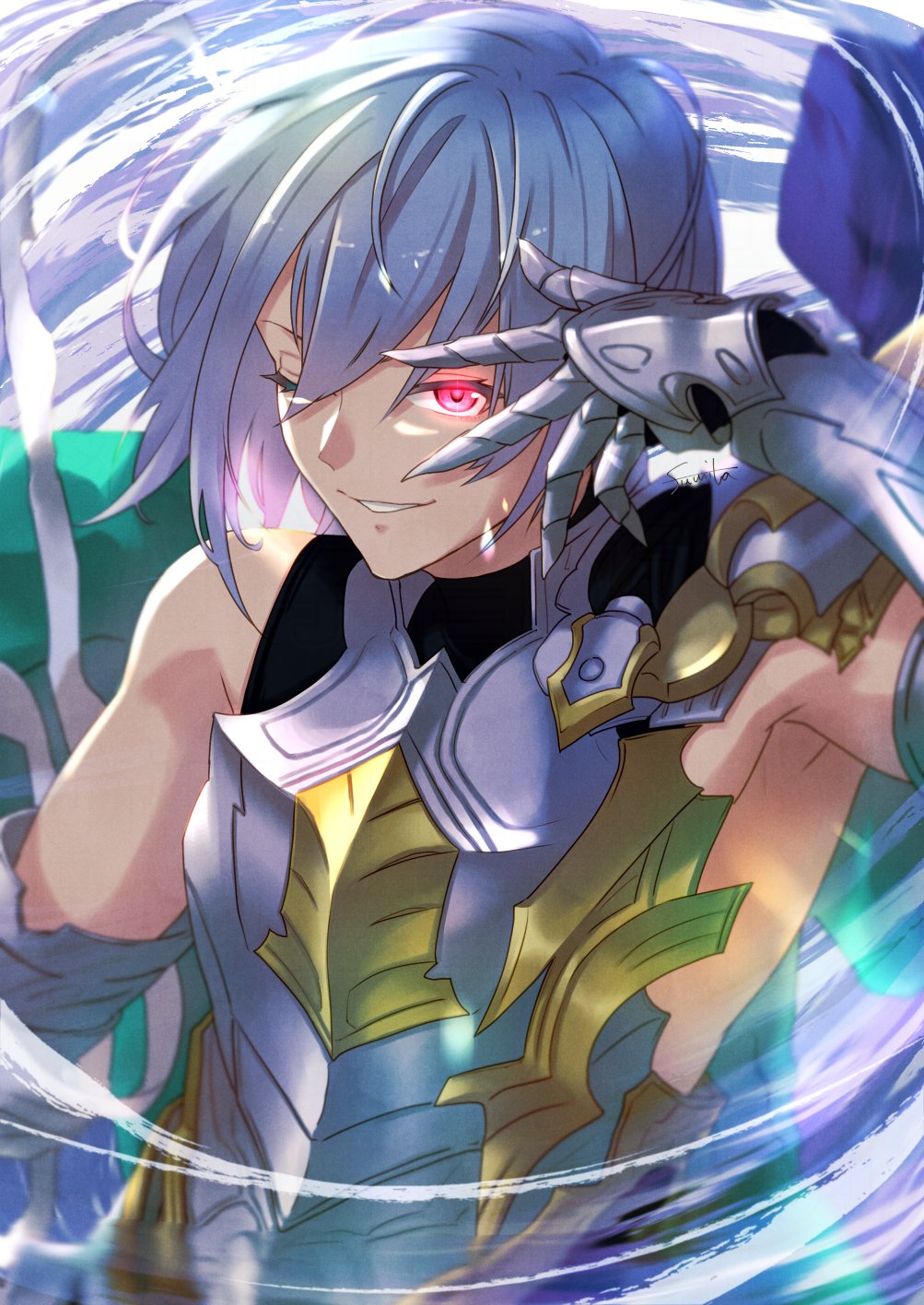 1boy, armor, chest_armor, chuunibyou, gauntlets, glowing, glowing_eyes, granblue_fantasy
