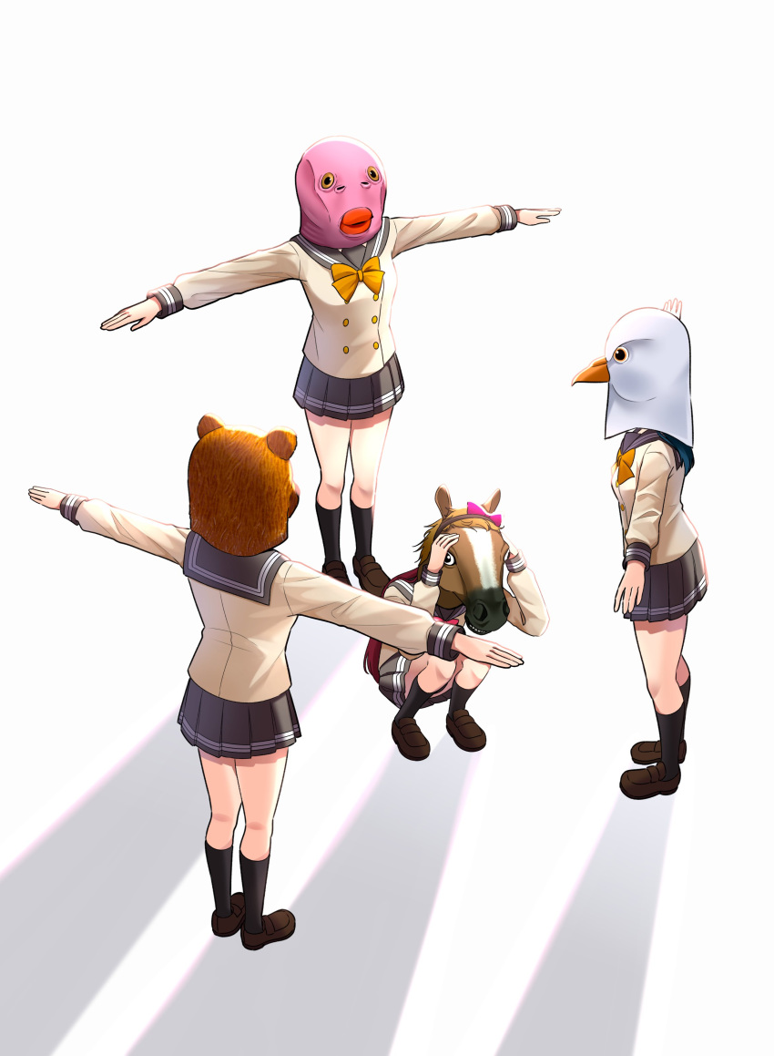 4girls, absurdres, aida_rikako, assert_your_dominance_(meme), bear_mask, bird_mask, black_socks, blue_hair