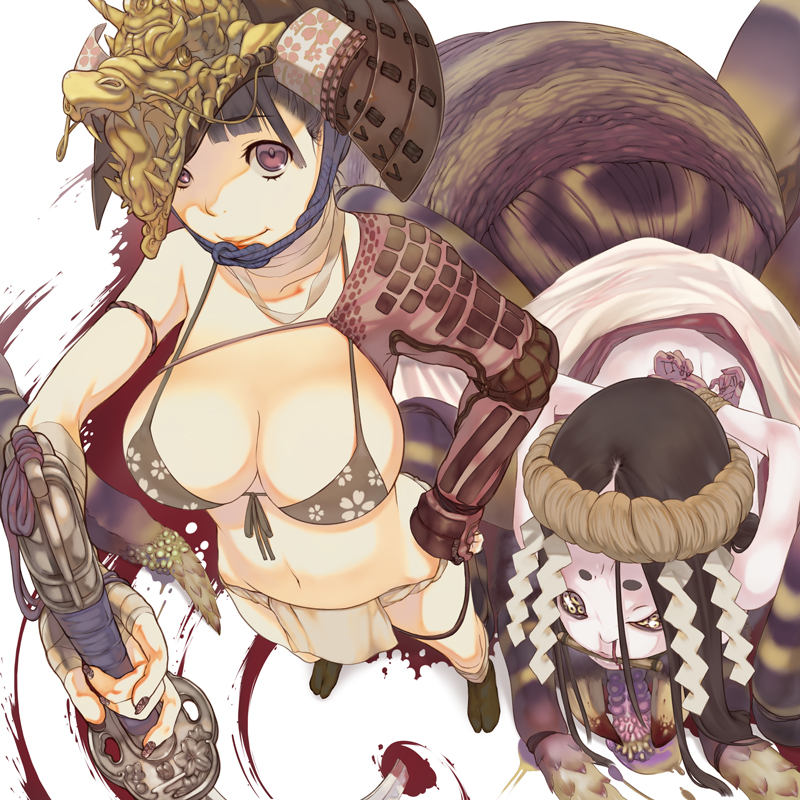 bikini_top, black_hair, blood, breasts, fundoshi, hand_on_hip, helmet, large_breasts
