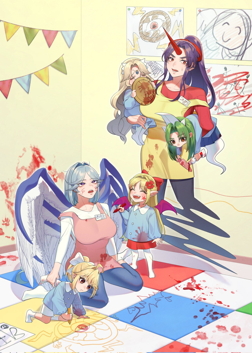 absurdly_long_hair, aged_down, angel_wings, apron, bat_wings, black_hair, blonde_hair, blue_eyes