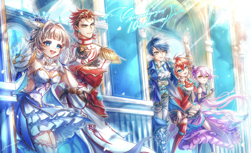 2boys, 3girls, absurdres, ascot, asymmetrical_gloves, blue_hair, blue_jacket, bow, crown, dress, epaulettes, excellia_cruz, frilled_dress, frills, georg_(shironeko_project), gloves, highres, hip_armor, itsumaden_(forevermore_e), jacket, mismatched_gloves, monica_(shironeko_project), multiple_boys, multiple_girls, nagi_(shironeko_project), orange_hair, orange_jacket, ponytail, purple_bow, purple_dress, purple_hair, redhead, serge_(shironeko_project), shironeko_project, shoulder_pads, thigh-highs, white_dress