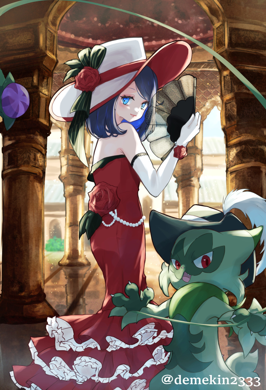 1girl, absurdres, blue_eyes, blue_hair, commentary_request, demekin2333, dress, elbow_gloves