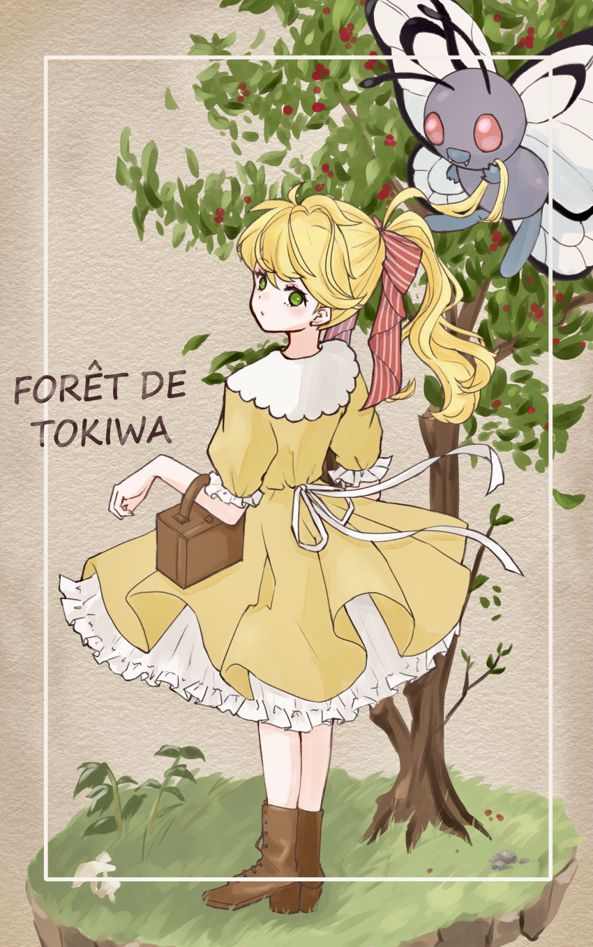 1girl, absurdres, boots, bow, brown_footwear, butterfree, closed_mouth, commentary_request, demekin2333, dress, eyelashes, frills, grass, green_eyes, hair_bow, highres, looking_back, pokemon, pokemon_(creature), pokemon_adventures, ponytail, red_bow, short_sleeves, standing, tree, yellow_(pokemon), yellow_dress