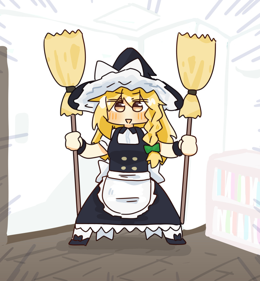 1girl, absurdres, apron, black_dress, blonde_hair, braid, broom, commission