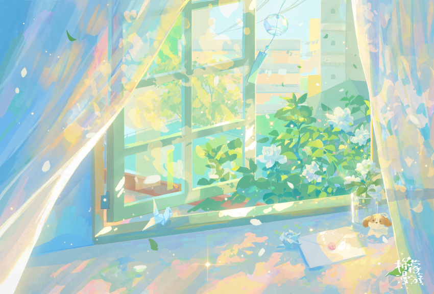absurdres, branch, building, curtains, dappled_sunlight, day, flower, highres