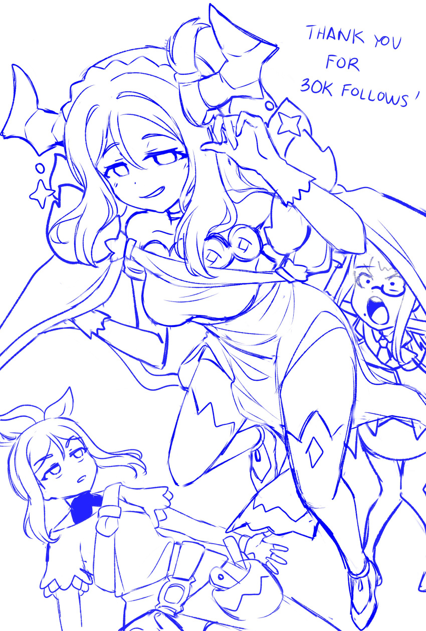 3girls, :d, absurdres, blue_theme, braid, breasts, crown_braid, demon_girl, demon_horns, dia_(genjitsu_no_yohane), dress, genjitsu_no_yohane, grin, highres, horn_ornament, horns, jitome, kanan_(genjitsu_no_yohane), kurosawa_dia, love_live!, love_live!_sunshine!!, mari_(genjitsu_no_yohane), matsuura_kanan, medium_breasts, milestone_celebration, mole, mole_under_mouth, monochrome, monocle, multiple_girls, necktie, off-shoulder_dress, off_shoulder, ohara_mari, open_mouth, parted_lips, sanpaku, shirt, short_sleeves, sidelocks, simple_background, single_hair_ring, ska.harumi, sketch, smile, teeth, thigh-highs, unfinished, upper_teeth_only, v-shaped_eyebrows, white_background