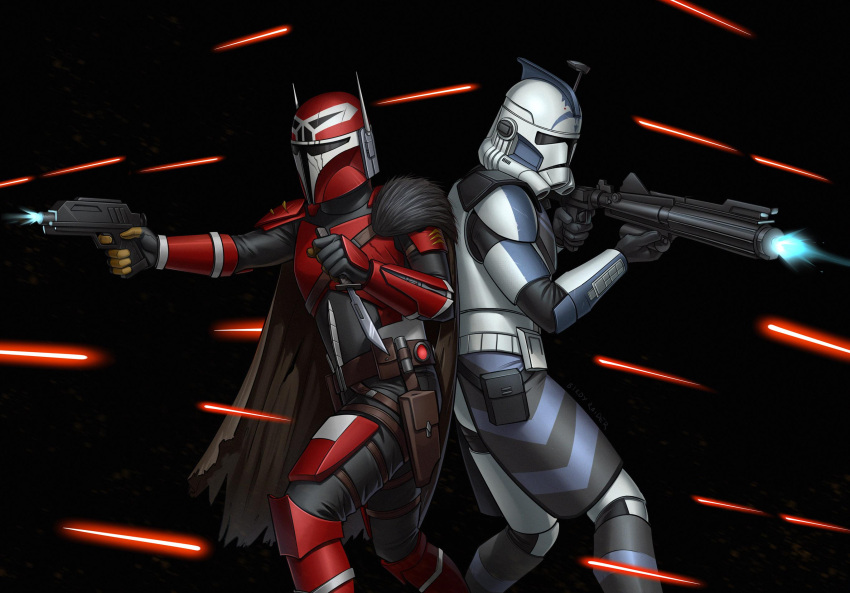 2boys, armor, birdyraider, black_background, cape, clone_trooper, fives_(star_wars), gun, handgun, helmet, highres, holding, holding_gun, holding_knife, holding_weapon, knife, laser, mandalorian, mandalorian_armor, mandalorian_helmet, multiple_boys, star_wars, torn_cape, torn_clothes, weapon