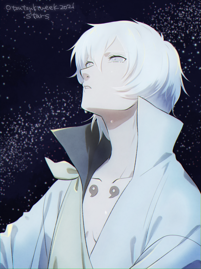 1boy, bright_pupils, collarbone, color1242, colored_skin, english_text, high_collar, male_focus, naruto:_the_last, naruto_(series), ootsutsuki_toneri, parted_lips, robe, short_hair, solo, starry_background, tears, tomoe_(symbol), upper_body, white_hair, white_pupils, white_robe, white_skin