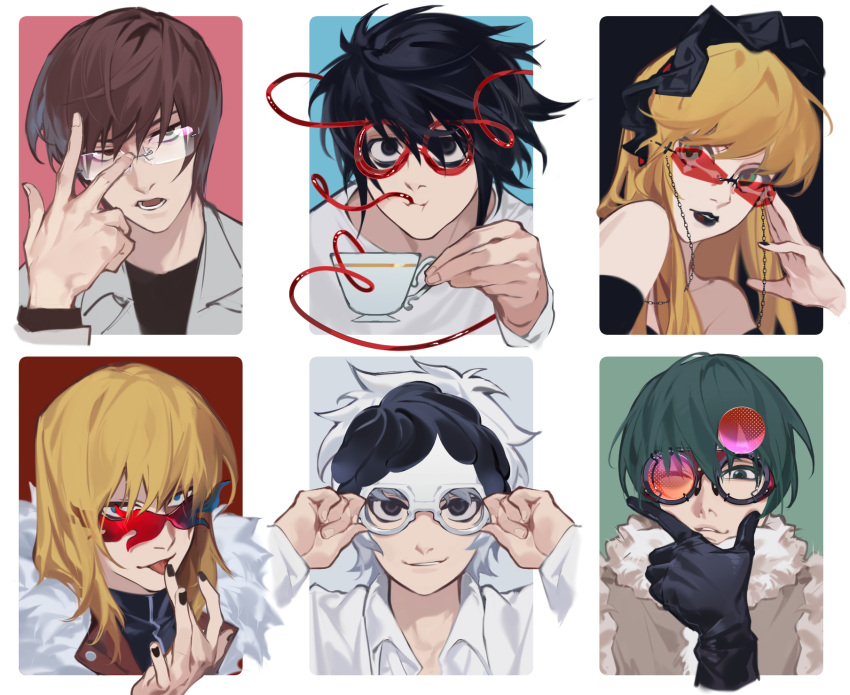 1girl, 5boys, adjusting_eyewear, amane_misa, bare_shoulders, black_bonnet, black_eyes, black_gloves