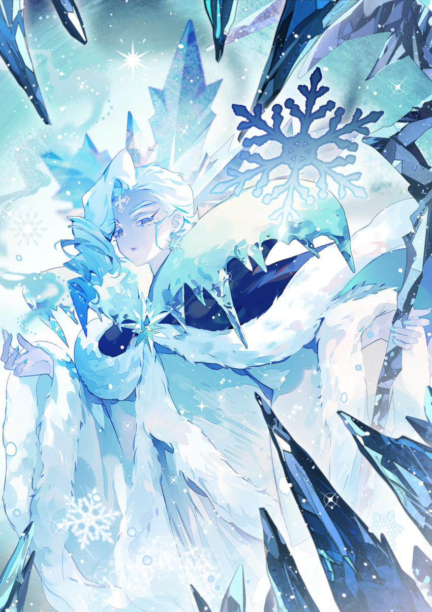 1girl, analogous_colors, asymmetrical_bangs, blue_cloak, blue_dress, blue_eyes, blue_hair, blue_lips