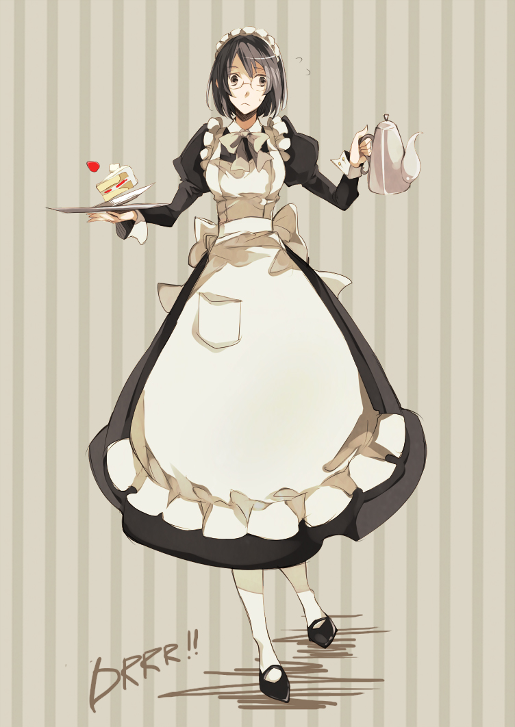 apron, black_hair, bob_cut, bow, breasts, brown_eyes, cake, dress