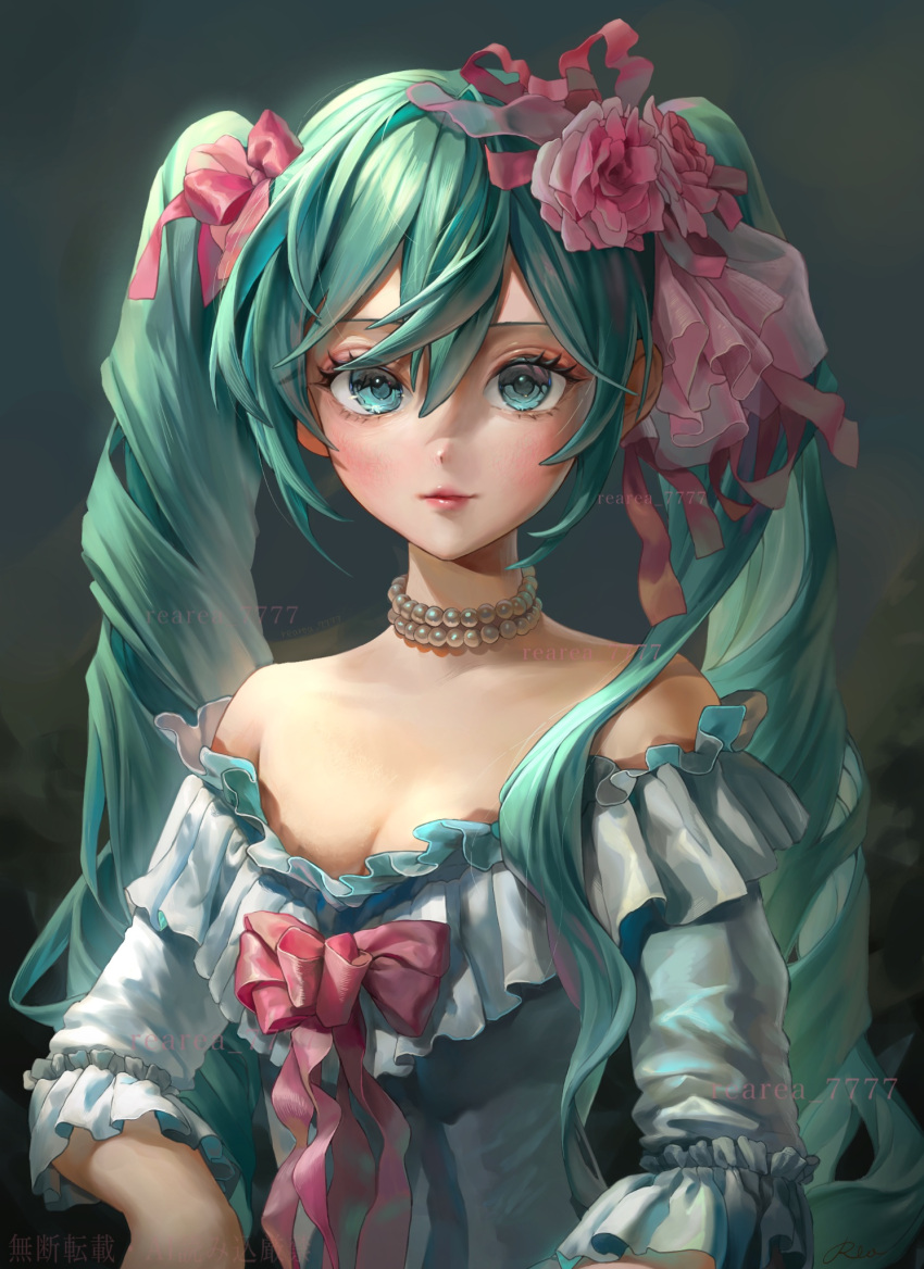 1girl, aqua_eyes, aqua_hair, artist_name, bare_shoulders, blue_eyes, bow, bowtie