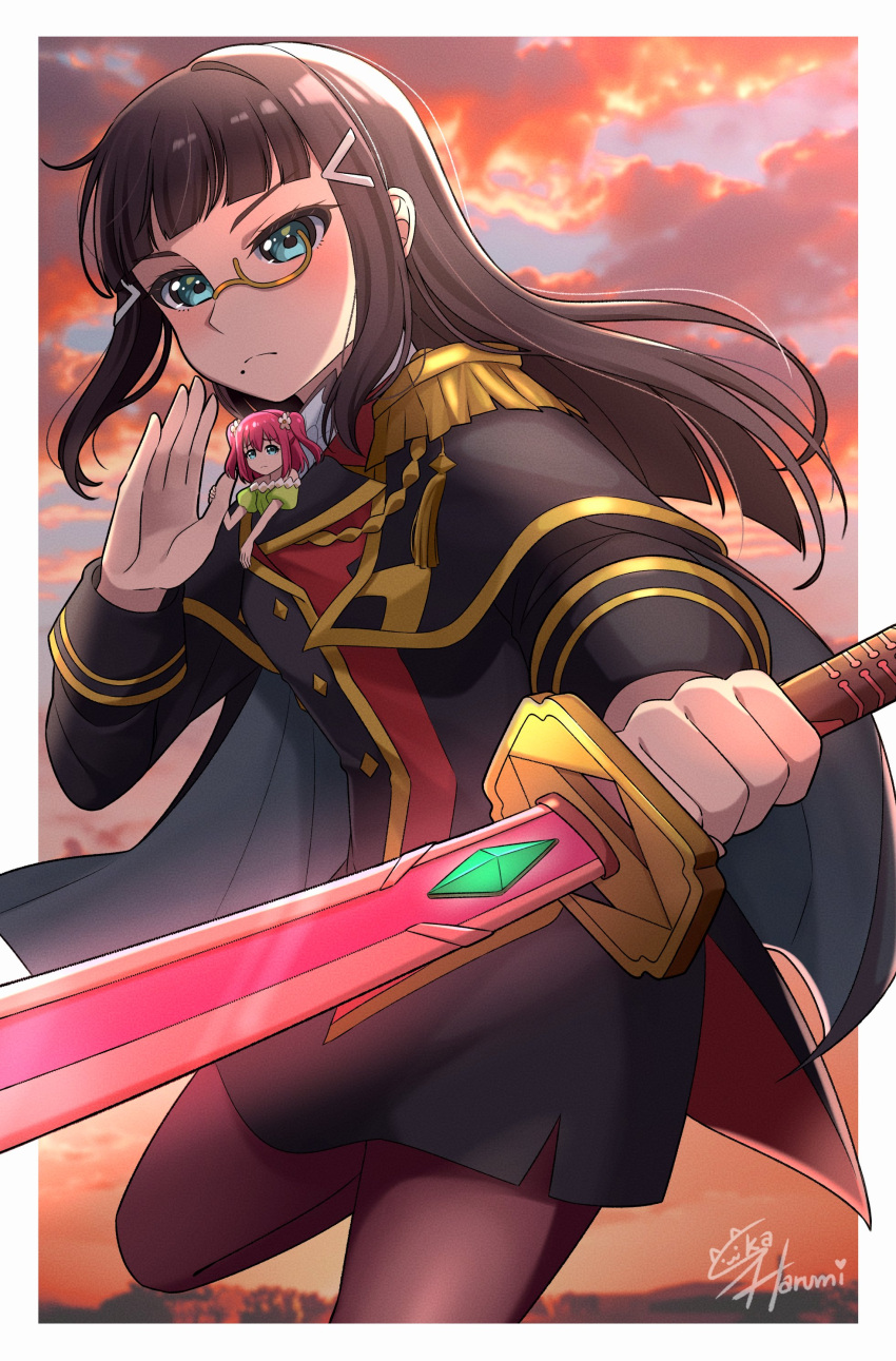 2girls, absurdres, aqua_eyes, artist_name, black_cape, black_hair, black_jacket, black_pantyhose
