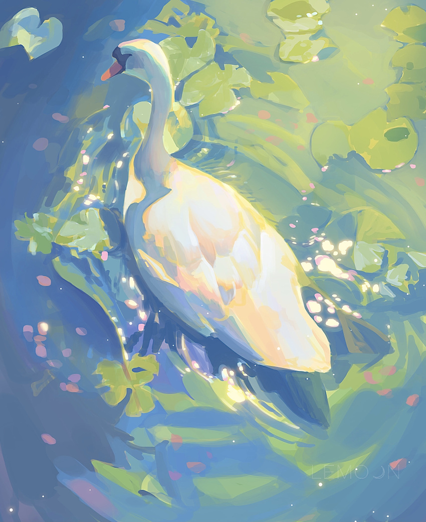 absurdres, animal, animal_focus, bird, day, duck, highres, lily_pad, ningmeng_manyou, no_humans, original, petals, pink_petals, sunlight, water