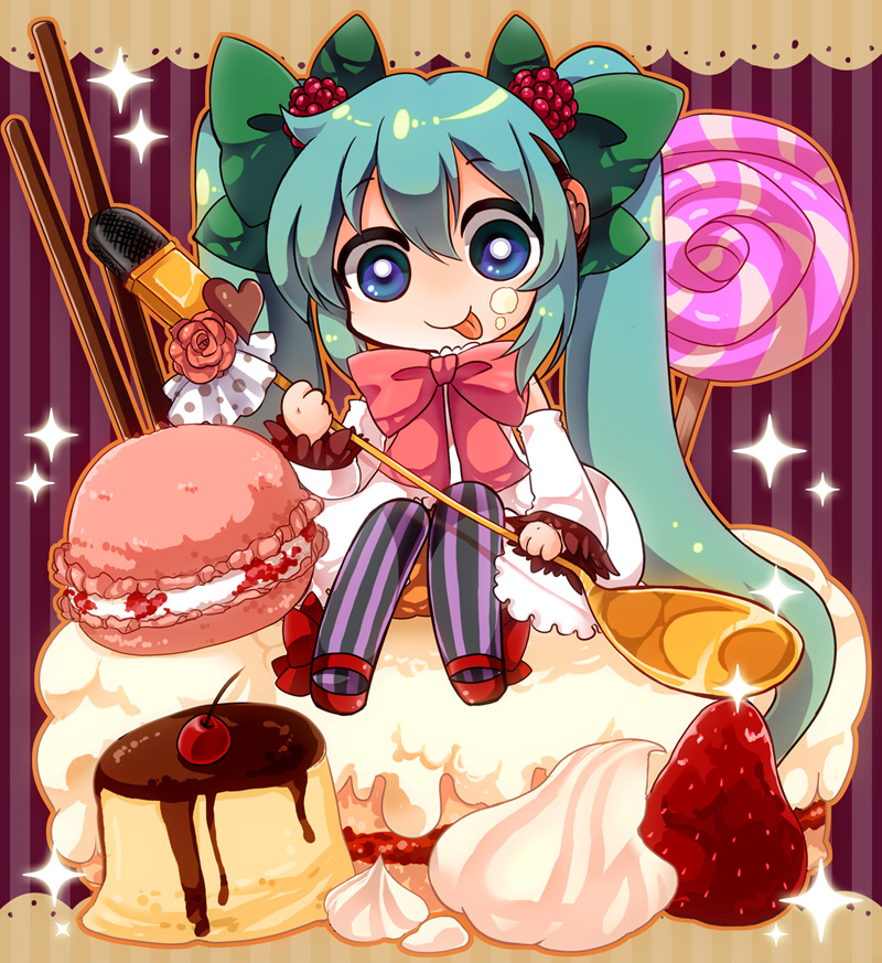 :p, aqua_hair, blue_eyes, cake, candy, cherry, chibi, cream