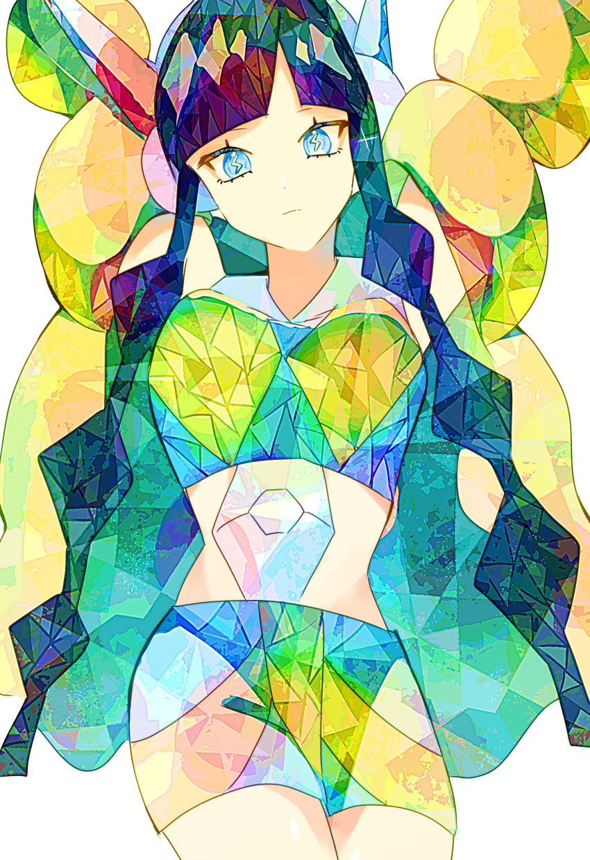 1girl, black_hair, blue_eyes, cowboy_shot, elesa_(pokemon), highres, lightning_bolt-shaped_pupils, lightning_bolt_symbol