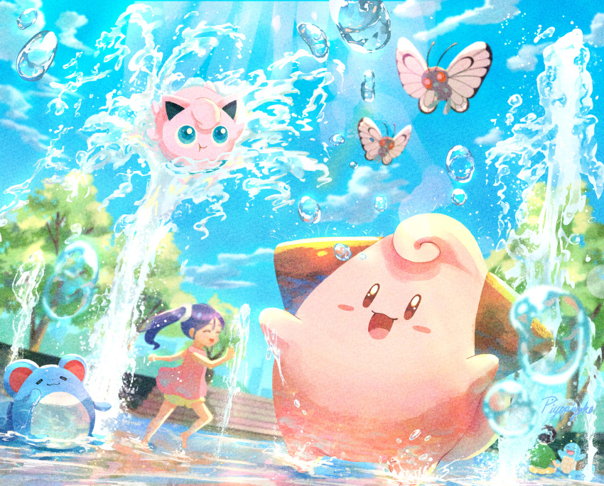 1boy, 1girl, :d, absurdres, blurry, blurry_background, blush_stickers, butterfree