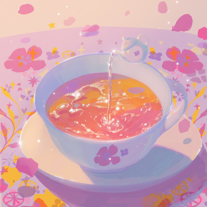 cup, falling_petals, flower, highres, light_particles, ningmeng_manyou, no_humans, original