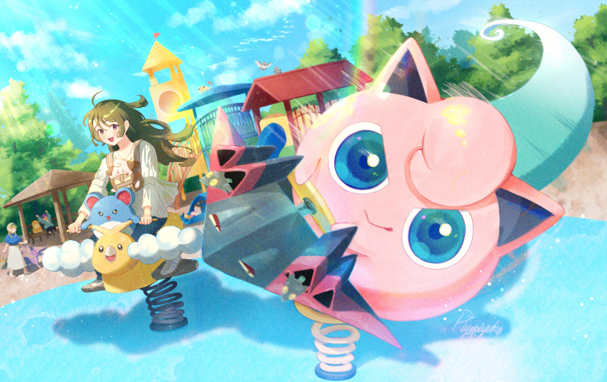 1boy, 3girls, :d, ahoge, brown_hair, cleffa, clouds, commentary_request