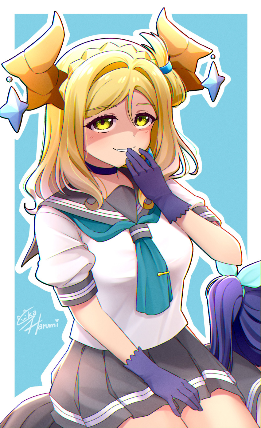 2girls, absurdres, aqua_neckerchief, artist_name, blonde_hair, blue_background, blue_hair, border