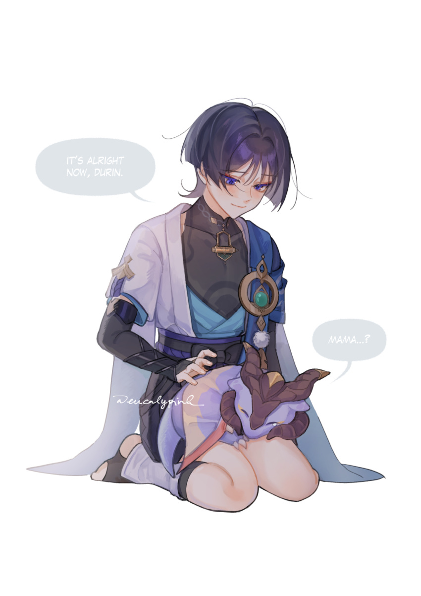 1boy, animal_on_lap, armor, artist_name, belt, black_bodysuit, black_bow, black_shorts