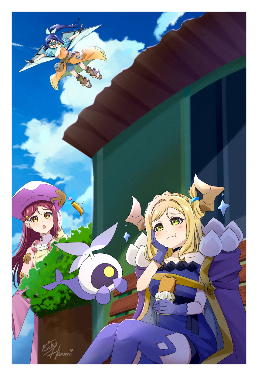 3girls, :3, :o, :t, absurdres, bench, blonde_hair, blue_dress