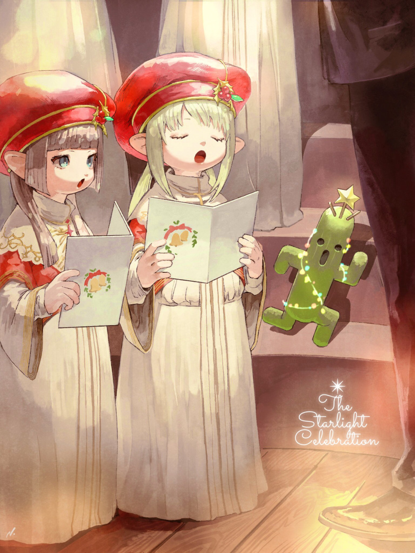 1boy, 4girls, beret, black_pants, blue_eyes, blunt_ends, choir, christmas