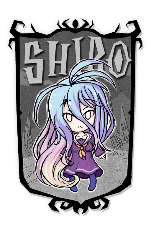 1girl, :<, blue_hair, character_name, chibi, closed_mouth, commentary, don't_starve, dress, english_commentary, full_body, gradient_hair, long_hair, looking_at_viewer, messy_hair, multicolored_hair, no_game_no_life, purple_dress, senshimi, shiro_(no_game_no_life), solo, very_long_hair, white_eyes