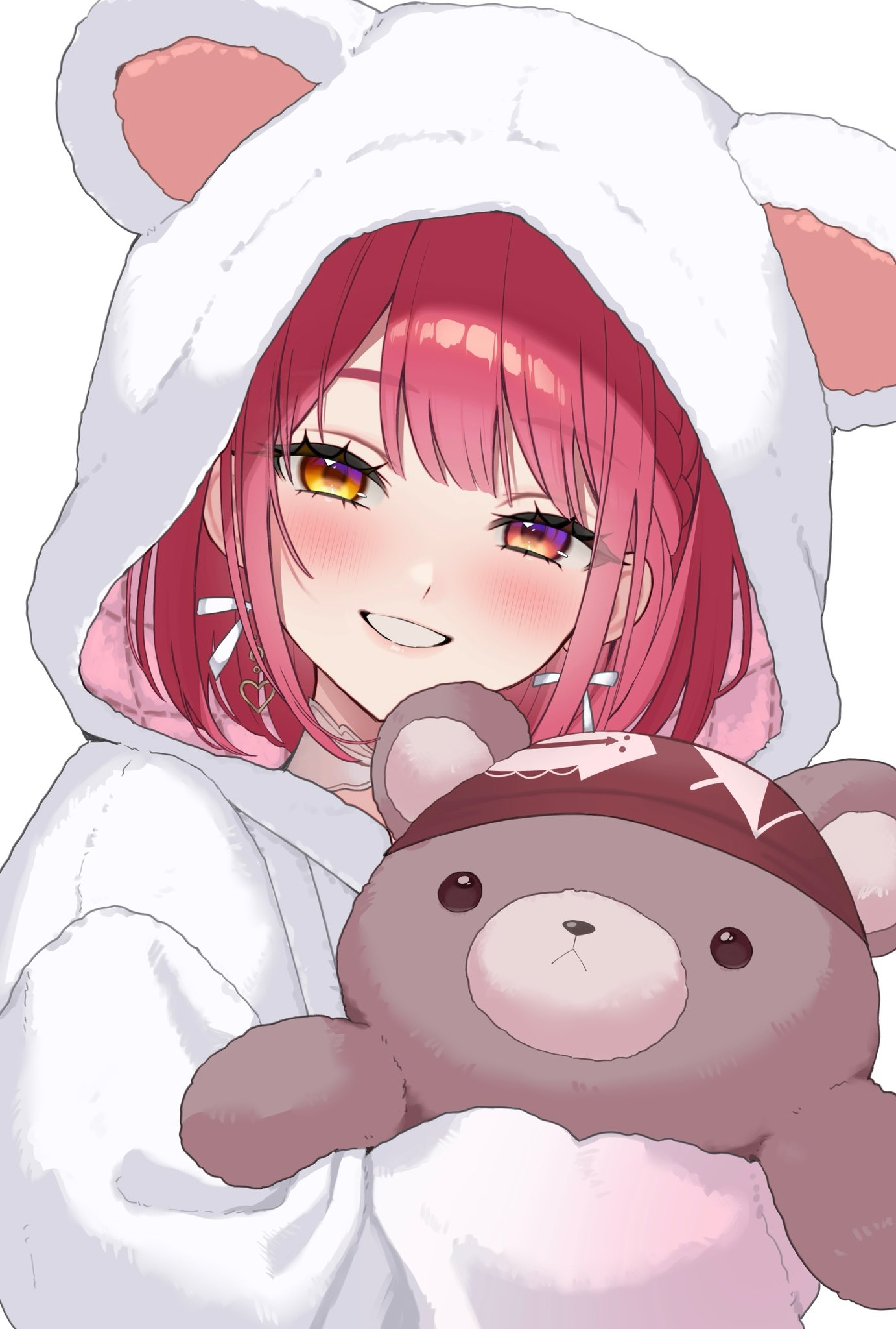 1girl, animal_ear_hood, animal_ears, blush, braid, commentary_request, earrings, fake_animal_ears, fur_hoodie, grin, head_tilt, heart, heart_earrings, helga_(_hlg67), heterochromia, highres, holding, holding_stuffed_toy, hololive, hood, hood_up, hoodie, houshou_marine, houshou_marine_(8th_costume), jewelry, long_sleeves, looking_at_viewer, official_alternate_costume, official_alternate_hairstyle, red_eyes, redhead, short_hair, simple_background, smile, solo, stuffed_animal, stuffed_toy, swept_bangs, teddy_bear, upper_body, virtual_youtuber, white_background, white_hoodie, yellow_eyes